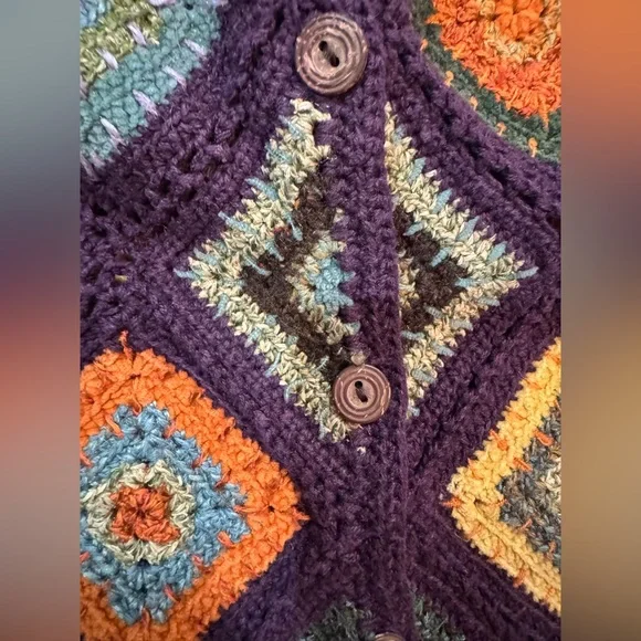 Granny Square Cardigan Boho Multicolor Hand Knit Button Front Sweater M - Picture 4 of 7